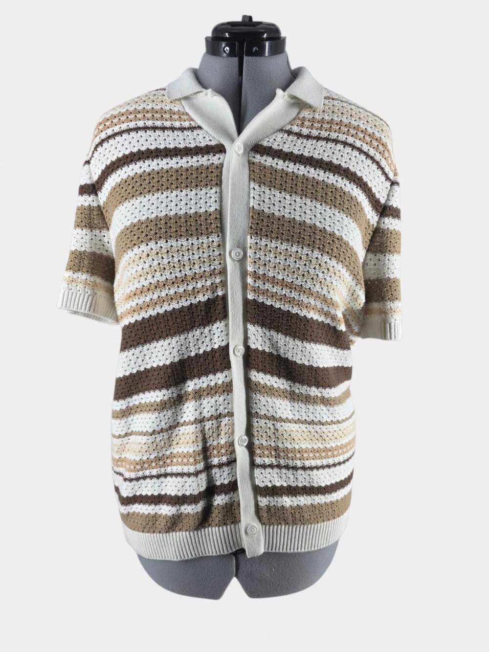 Express Men’s L Pointelle Knit Button Down Shirt Brown White Open Stitch